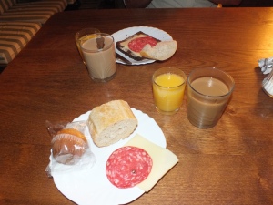 breakfast at the albergue. Better than mostbreakfasts. Usually no meat, cheese or juice